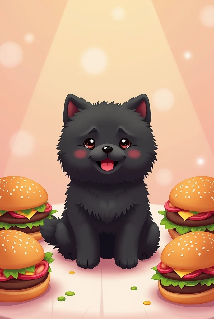 Invitation card that says "Mari's Burger Party", "Saturday 17th at noon". Card design with various burgers on a table and a black chow chow puppy with a happy face in the middle of the table. The tender style in pastel colors 
