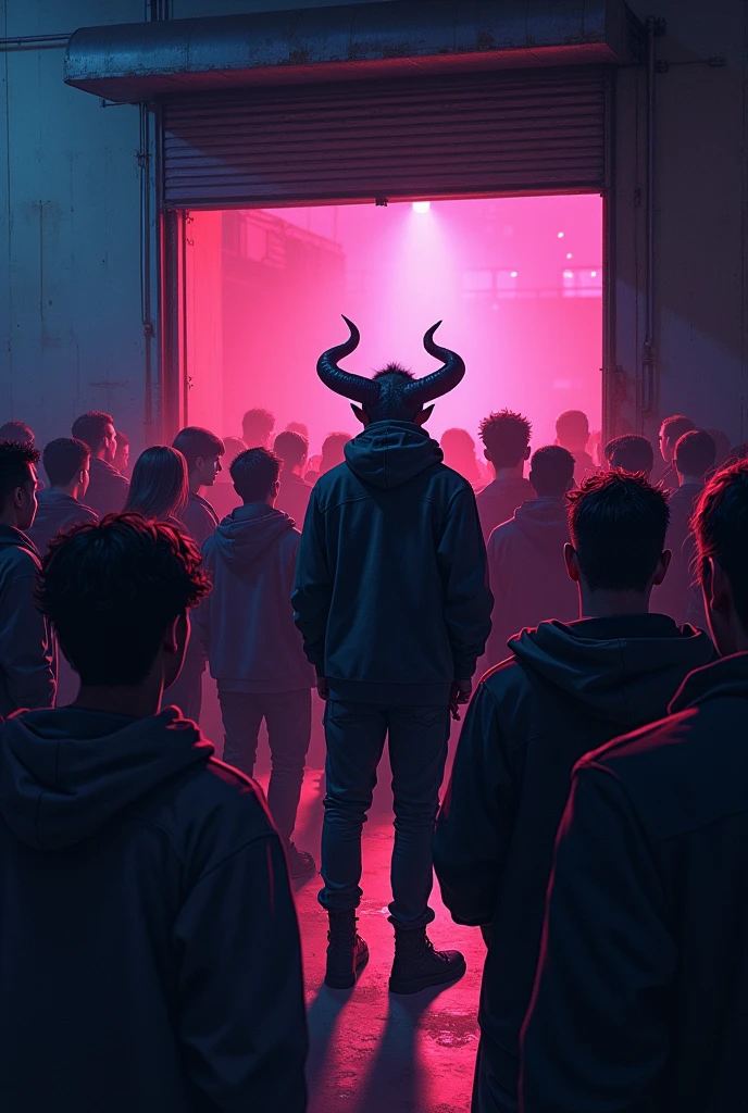 a demon hiding among a crowd of people waiting to get into a club at a warehouse door