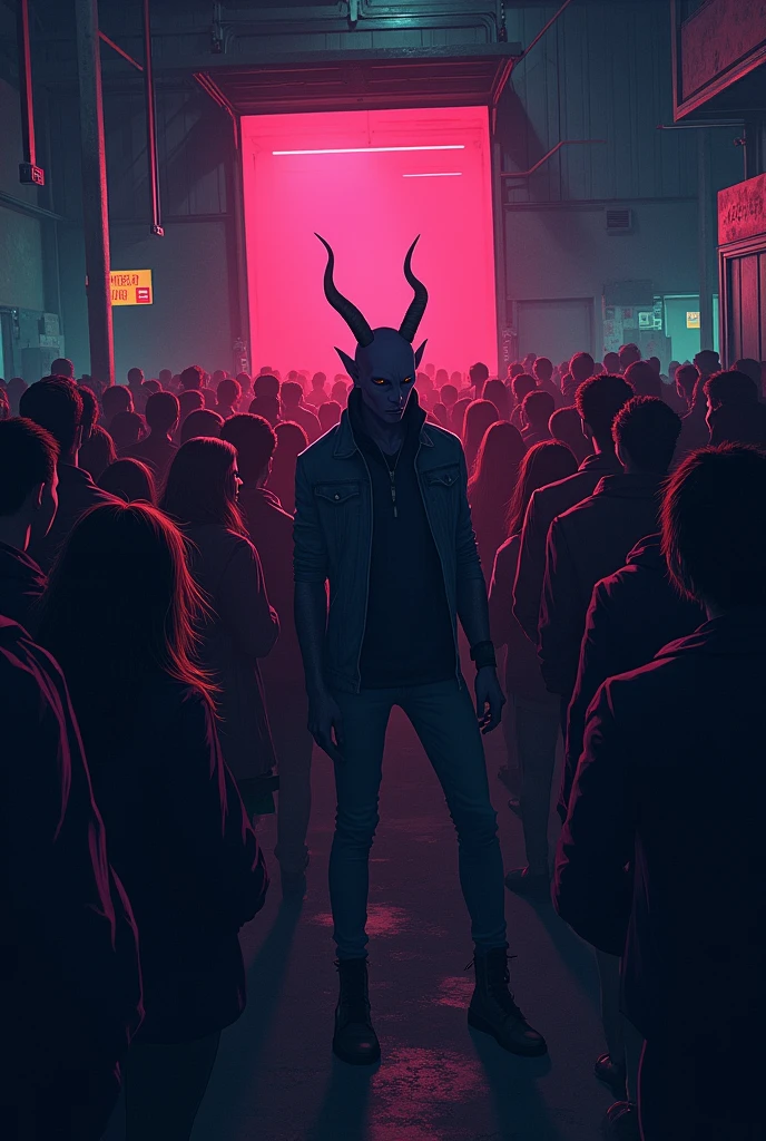 a demon hiding among a crowd of people waiting to get into a club at a warehouse door