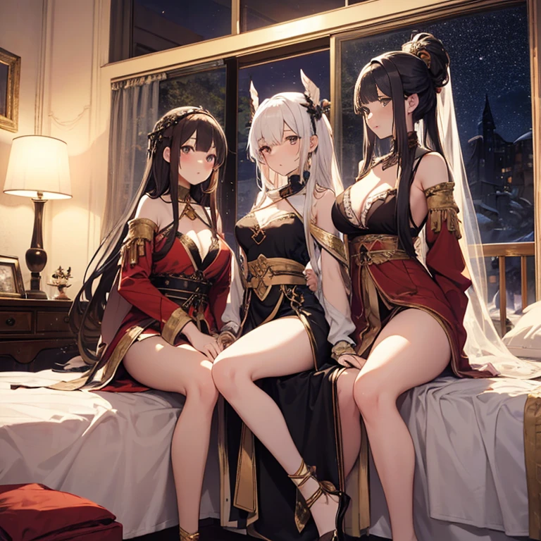 A group of priestess, (in bedroom), various hair styles, harem, night, details face, seducing, ceremonial outfit, multiple girls, exposed shoulders