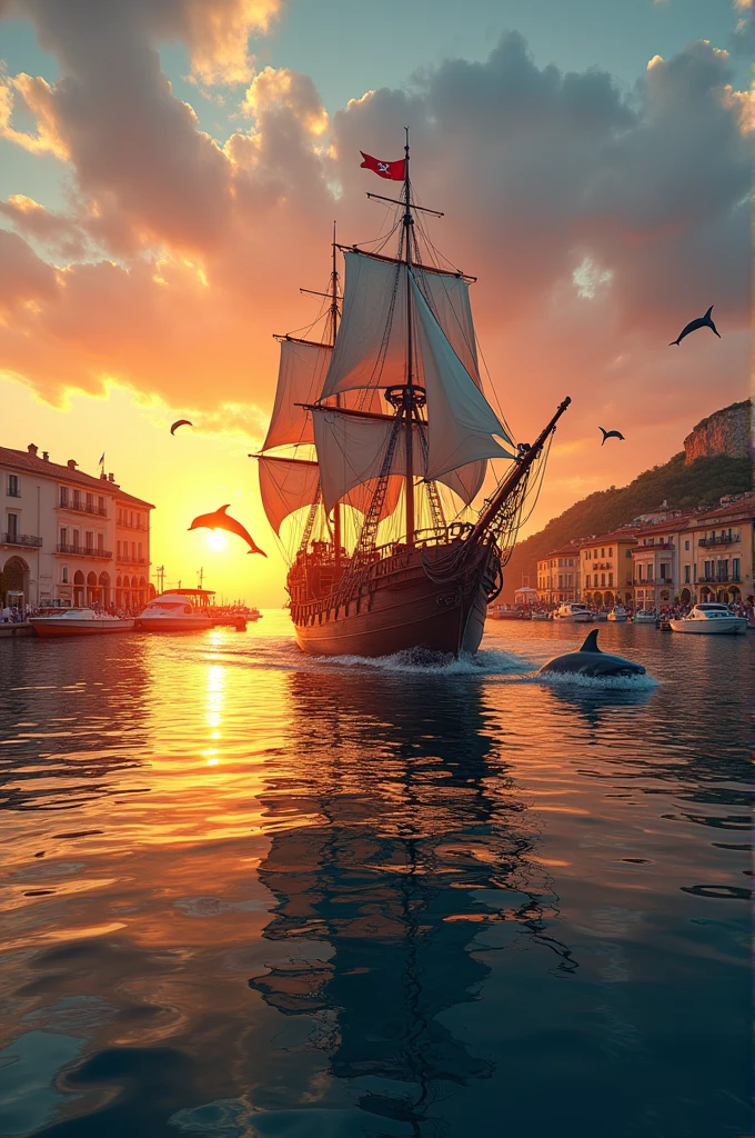 La ville d'ajaccio en corse en hdr au lever du soleil avec des dauphins volants qui suivent un bateau pirate dans le port