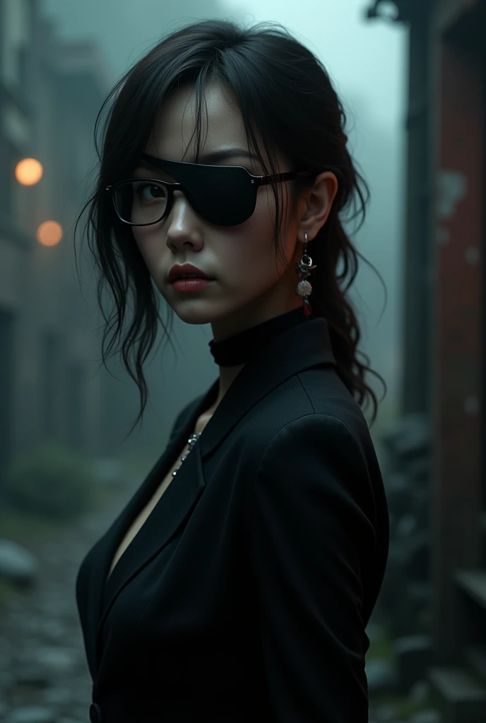 One with glasses and an eye patch over her left eye and black clothes