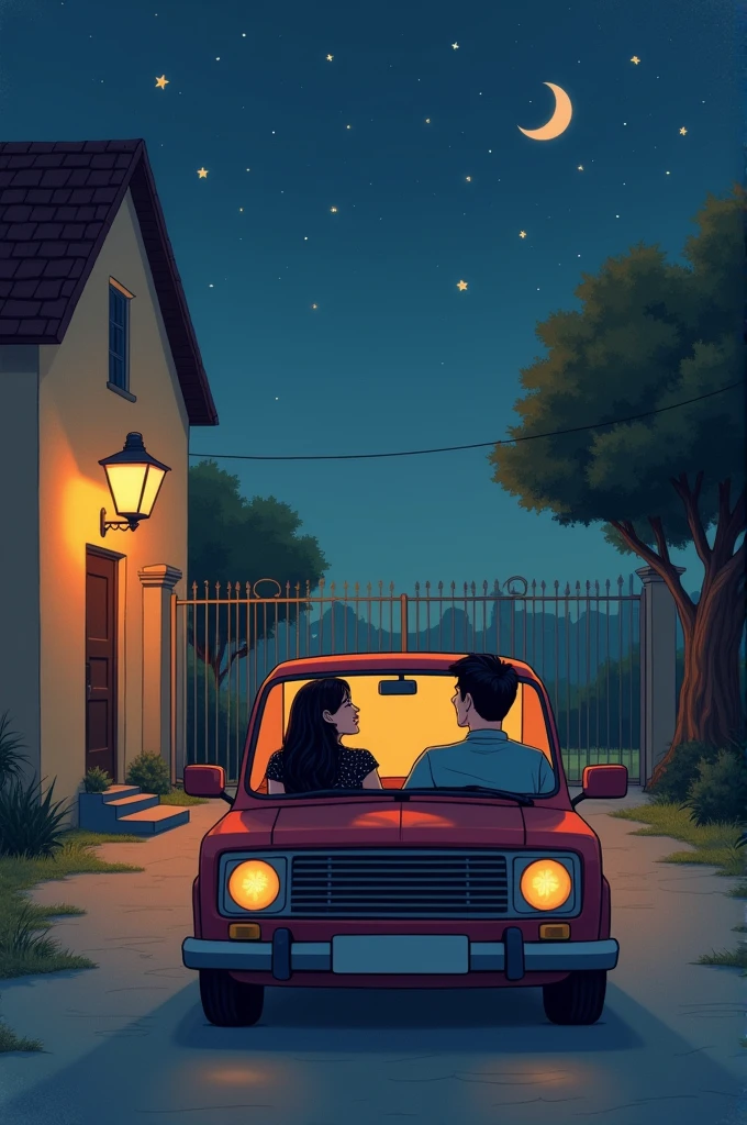 Create a cute, childlike drawing of a night-time scene with two people sitting in a car, parked outside a hostel gate. The car should be simple and small, with the man in the driver's seat and the woman in the passenger's seat. They are turned slightly toward each other, smiling and engaged in conversation. The woman is wearing a black shimmer top with short sleeves and black jeans, while the man is dressed in a casual shirt and jeans. The scene should be warm and cozy, with soft stars in the sky and a glowing streetlight nearby, illuminating the hostel gate in the background.
