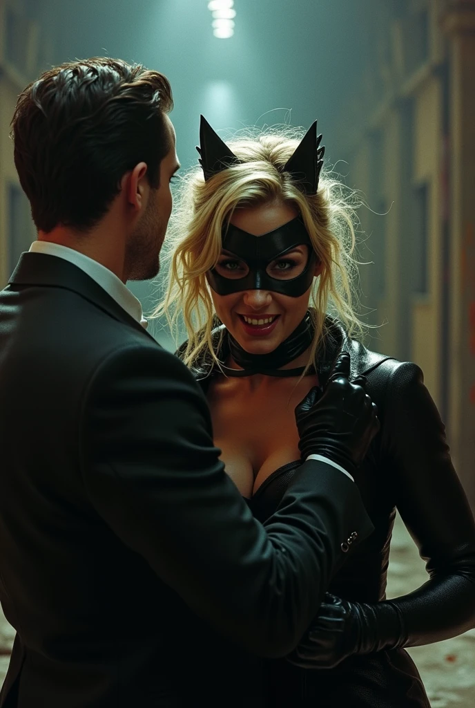 cinematic film still of  Catwoman a messy hair blonde angry woman in a catwoman costume is being held up by a man tim burton style,1girl,looking at viewer,blonde hair,gloves,teeth,solo focus,collar,lips,bodysuit,makeup,mask,clenched teeth,angry,realistic,domino mask, claws, 1990s, shallow depth of field, vignette, highly detailed, high budget, bokeh, cinemascope, moody, epic, gorgeous, film grain, grainy