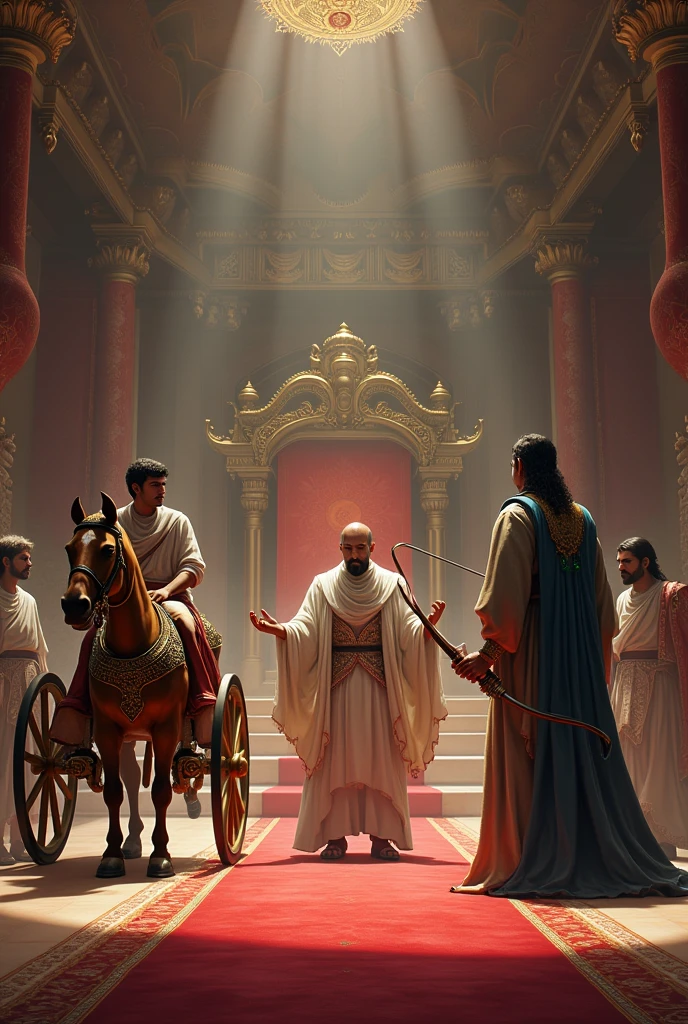 Three distinct suitors presenting themselves to King Mahabal in the royal court. The first suitor with a magical chariot, the second with an aura of mysticism (representing his ability to see past, present, and future), and the third, a skilled archer. The setting is formal and grand, with a focus on the suitors’ unique traits.”