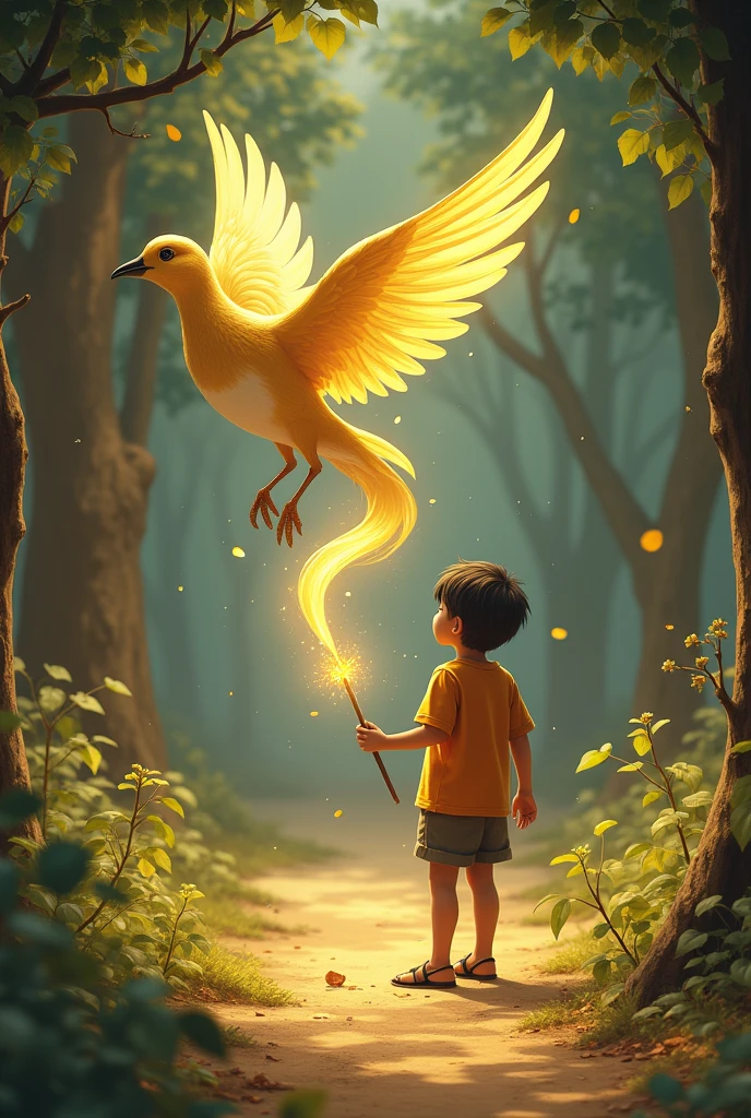 Tiny, winged creatures with iridescent colors dance around the glowing tree. Ton reaches out a hand, and one of the creatures' lands gently on his the teenager boy with a bright mop of unruly, sandy brown hair, He is wearing a crisp, school uniform with a white shirt and a black-tie finger.