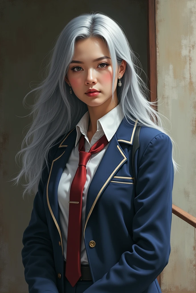 A seemingly age-defying, gray-haired woman in her fifties exudes a youthful aura as she dons the traditional uniform of a Japanese high school student. Her long, silver locks cascade down her back, adding a unique twist to her appearance. The image, which appears to be a hyper-realistic painting, captures every wrinkle and strand of hair with stunning detail. The woman's wise yet youthful gaze and confident stance suggest a depth of character beyond her years. The colors and textures in the painting are rich and vivid, immersing the viewer in the intriguing story of this extraordinary student.