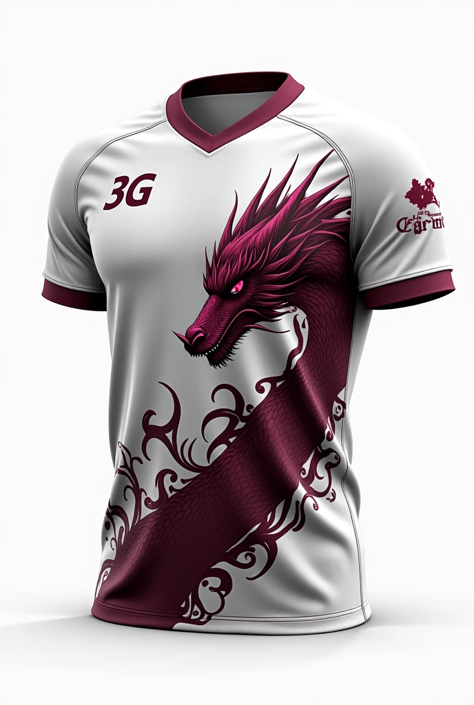 a team shirt with a white background and gray details, with a central dragon in wine color with wine details, wine-colored shorts, white sleeves with a 3G written on the left chest