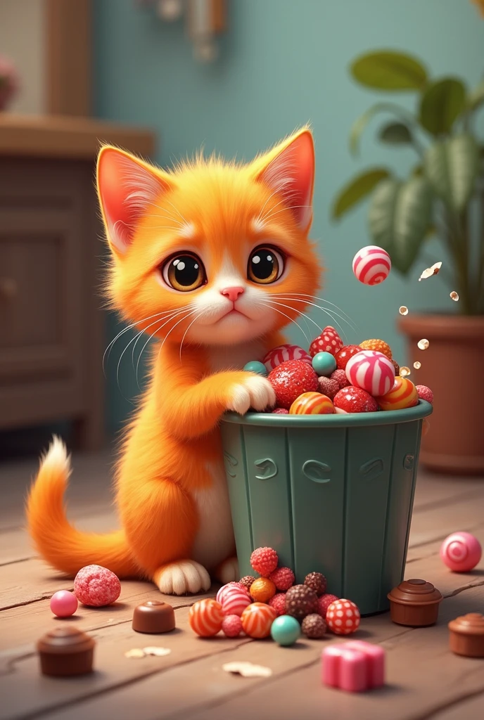 The fat orange kitten throw away the sweets and candy in to the bin : the bin is full of the candy and sweets : the kitten sit next to the bin : in the kitchen