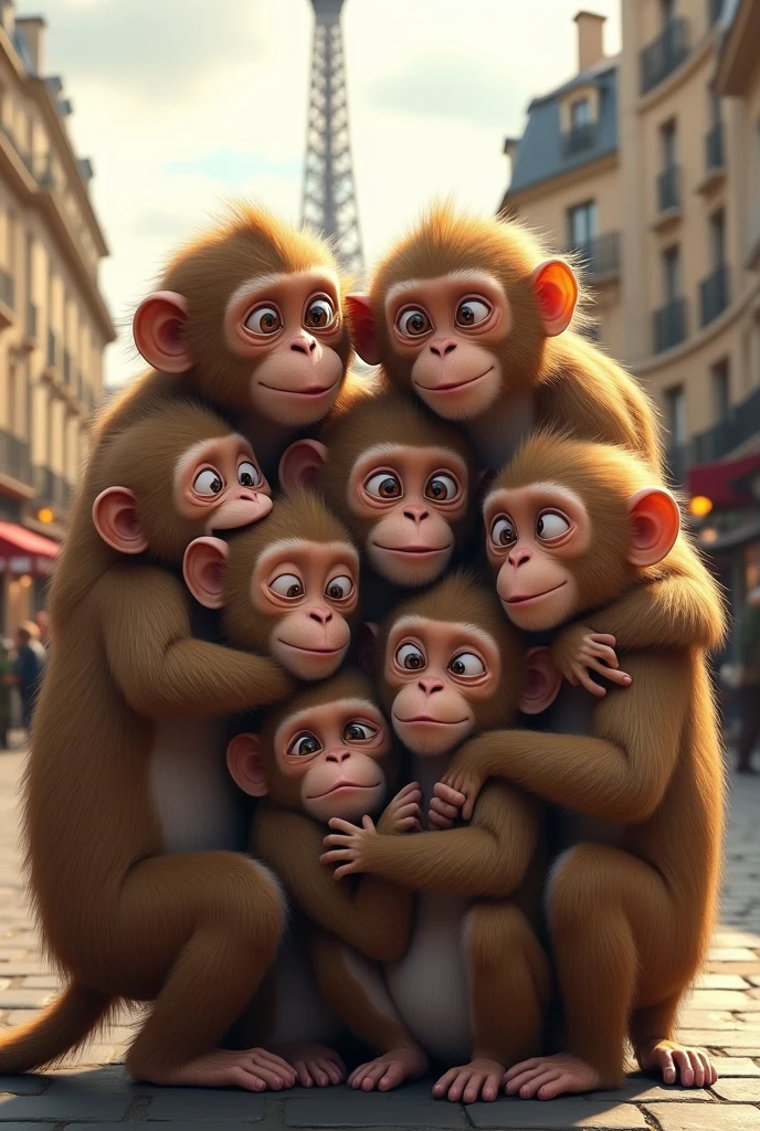 8 monkeys in Paris, hugging each other