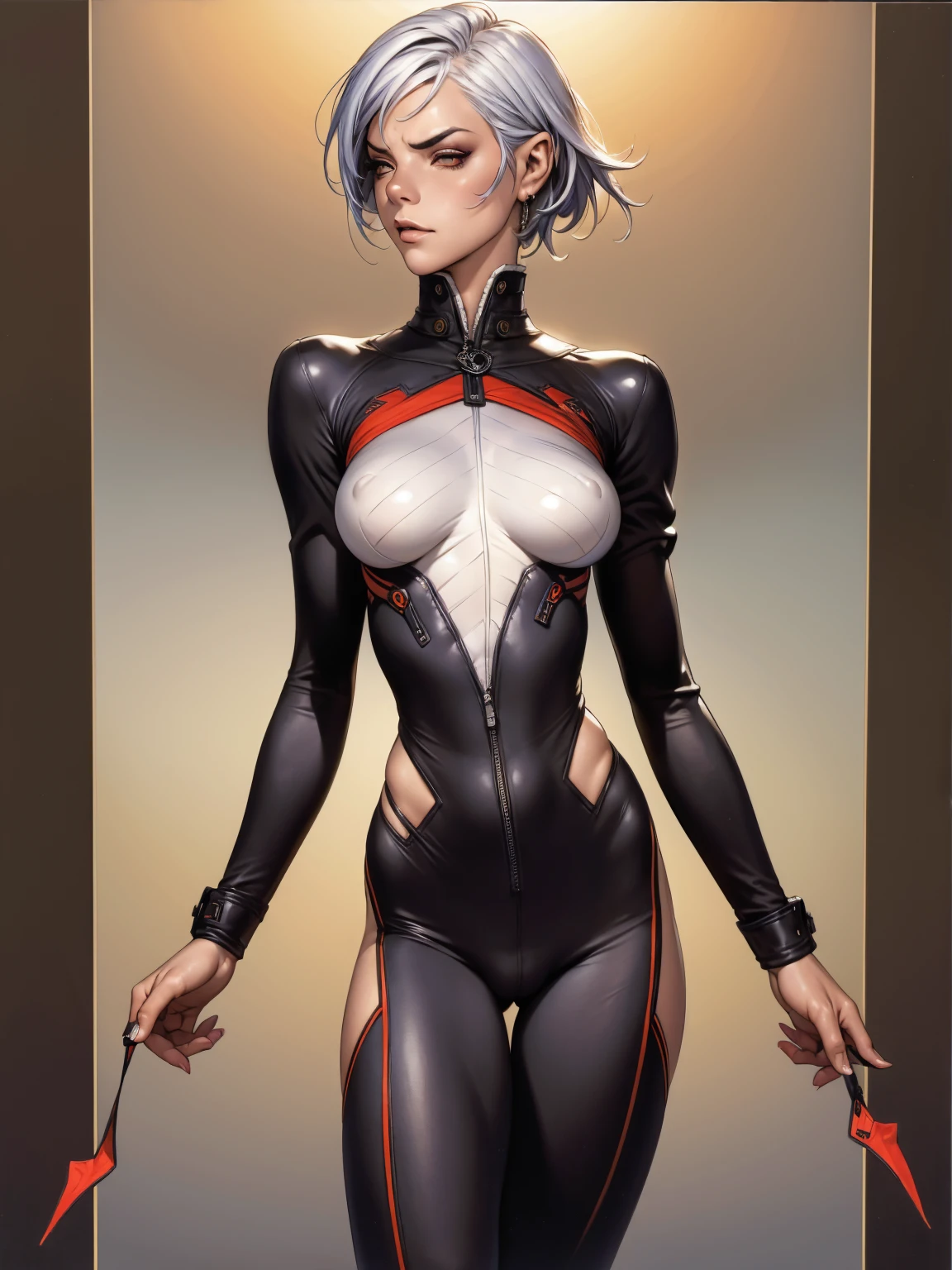 (((Annie Lennox))), ((( devil suit ))), (((Bandaged body))), ((high collar)), (((red accents))), (((best qualityer: 1.4))), (Unbeatable masterpiece), (hiper HD),(CG 8k hyper-realistic), (((brave face))), (((breasts big))), (((hyper feminine))), sexly girl, Tron,(black bob hair)), ((( sculptural body ))), (((1 Kizi))), Kizi cibernética de 25 anos com perfectbody,,Beautiful and well-groomed face,muscular body:1.2,solid color detailed jacket, (Head to thigh photos), Complex equipment, green dark,Long pants,Tight clothes are dark,With white stars and off-white stripes,,,,,Armor Metal Electronic Parts, Poison tattoos ) INFO, Kizi, (((standing alone))), pirralha violent, ((())), sexly, pose de atitude, work of art, post-apocalypse, (((manga style))), bounty hunter, violent, Manic, the way you want, slenderbody, thin but strong, perfectbody, roupa moderna, advanced technology, neon, sleeves with vertical striped pattern, neutral background, (( cowboy shot )). intricate visual