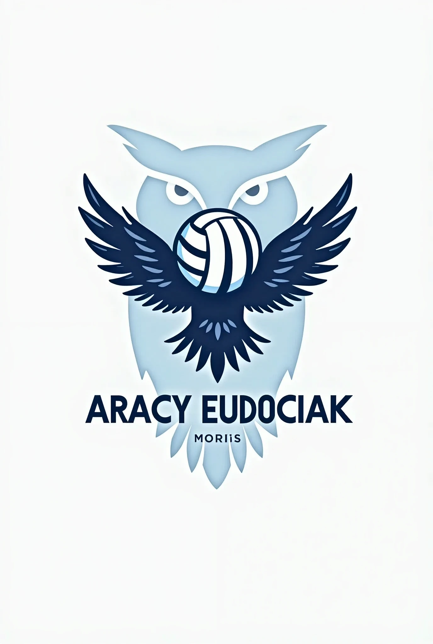 Create a logo with the volleyball theme with the name ARACY EUDOCIAK, with an owl in the background and only the colors white and blue