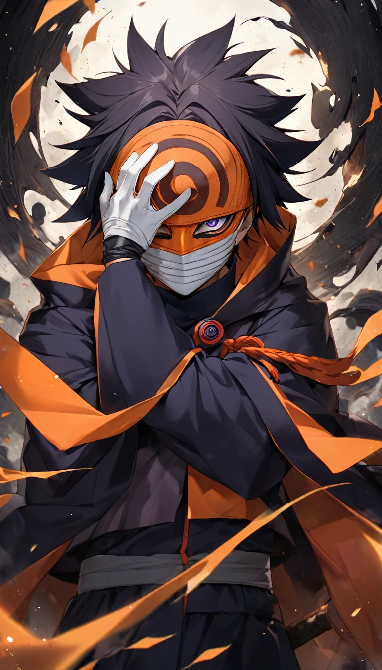 PHOTO OF QNIME CHARACTER "OBITO UCHIHA" WITH CHRIKAS MASK COVERING HIS FACE IN ORANGE