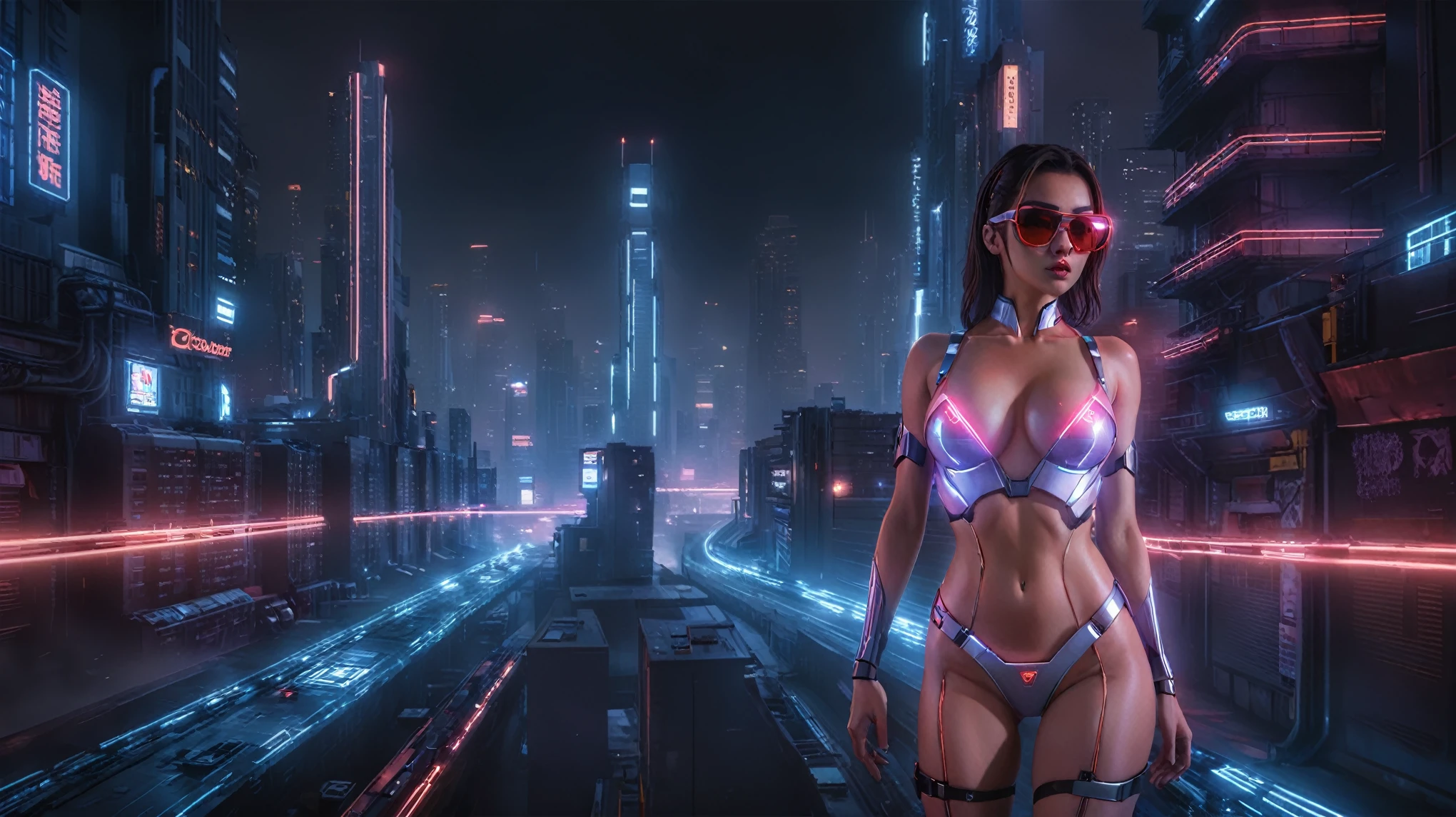 (High view). There's a cyborg woman (8k) wearing a futuristic leotard (best quality) standing in a cyberpunk city alley at night, darksynth aesthetic, red neons, haze, 1drone, foggy night, ultra detailed, photorealistic, (1girl, solo, alone), large-breast:1.2 slim body, cleavage:1.1, (black sunglasses), (holding a pistol), half-body thigh level medium shot, cinematic lighting, ray tracing.