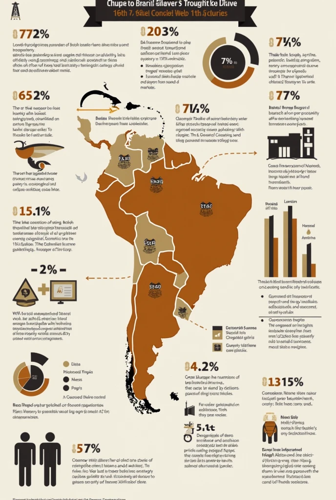 Create a chart with the following information: 1. **Total Number of Slaves Brought to Brazil:**
- Approximately 4,86 million Africans were brought to Brazil between the 16th and 19th centuries.
2. **Regional Distribution:**
- **bahia:** Received about 1,3 million slaves, representing approximately 26% do total.
- **Pernambuco (including the current Northeast region):** Received about 1,16 million slaves, ou 24% do total.
- **Rio de Janeiro:** It was the greatest destiny, with about 2 million slaves (41% do total).
- **Other Regions (like Sao Paulo and Minas Gerais):** They received smaller numbers, together representing approximately 9% do total.