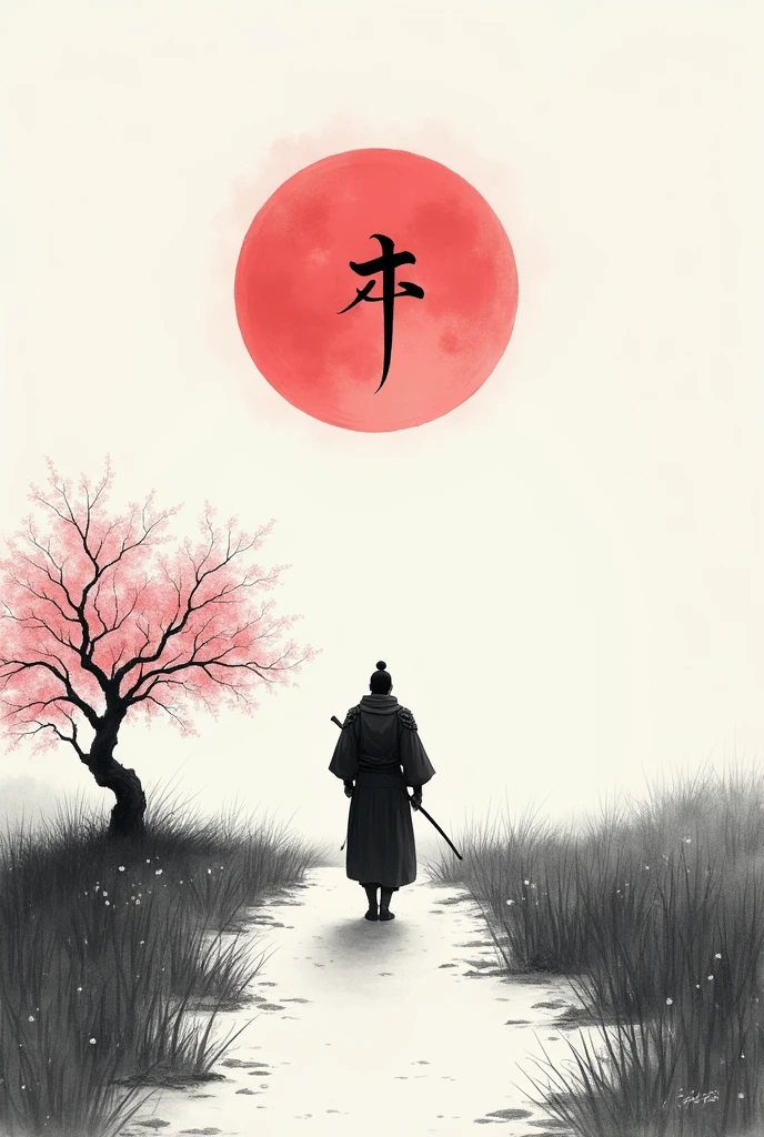 black and white drawing in Japanese style, Samurai in the distance (man, adult person) walking along a path through a field, a single pink cherry blossom tree nearby, Red moon in the sky, The picture above shows a Japanese kanji "quiet". Everything is harmonious around