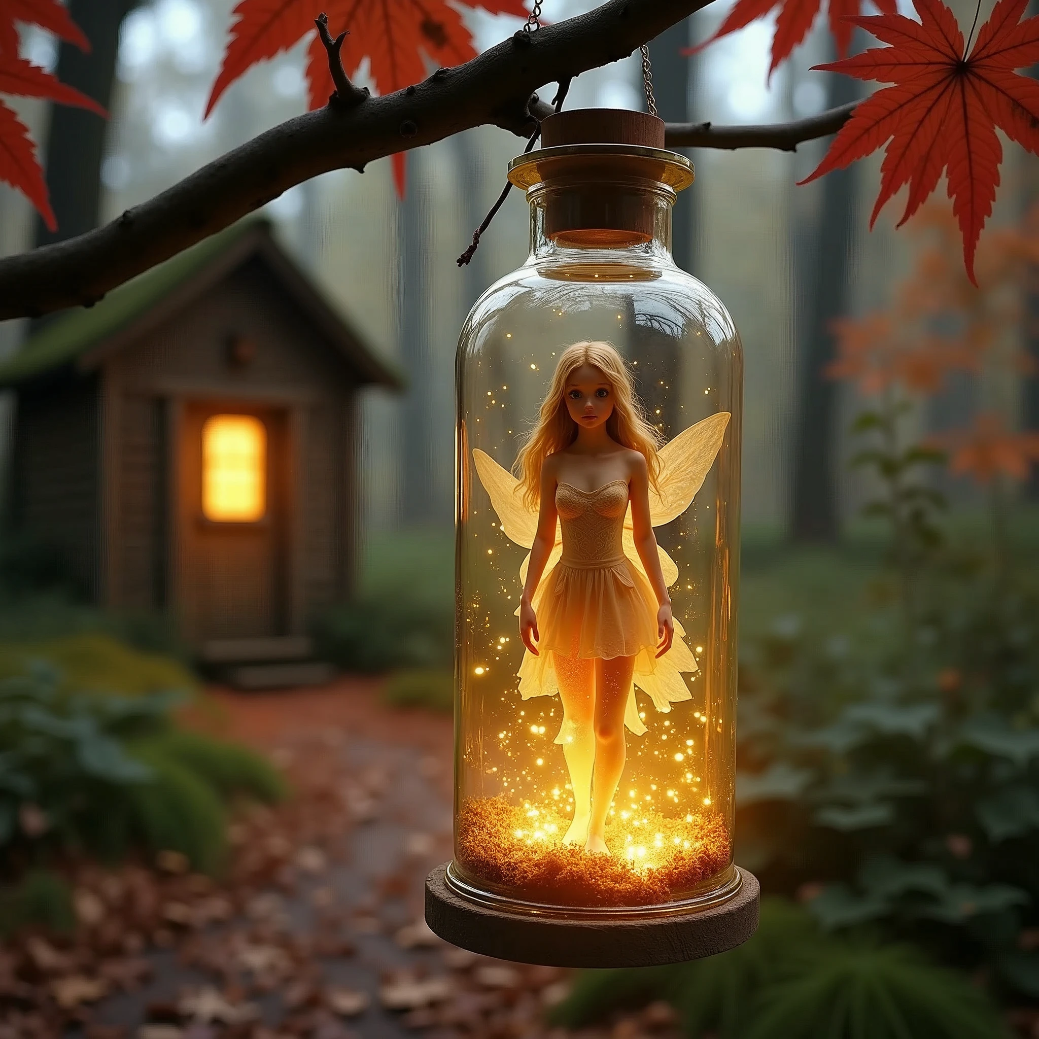 Close-up photo of a glass bottle with a 21-year-old girl (Tinkerbell) trapped inside, very attractive, beautiful, with the most incredible lighting emanating from it, golden light, the bottle hangs from a branch in the forest of reddish and pink maple leaves, in the background one of the trees has a wooden door with the window illuminated, RAW photo