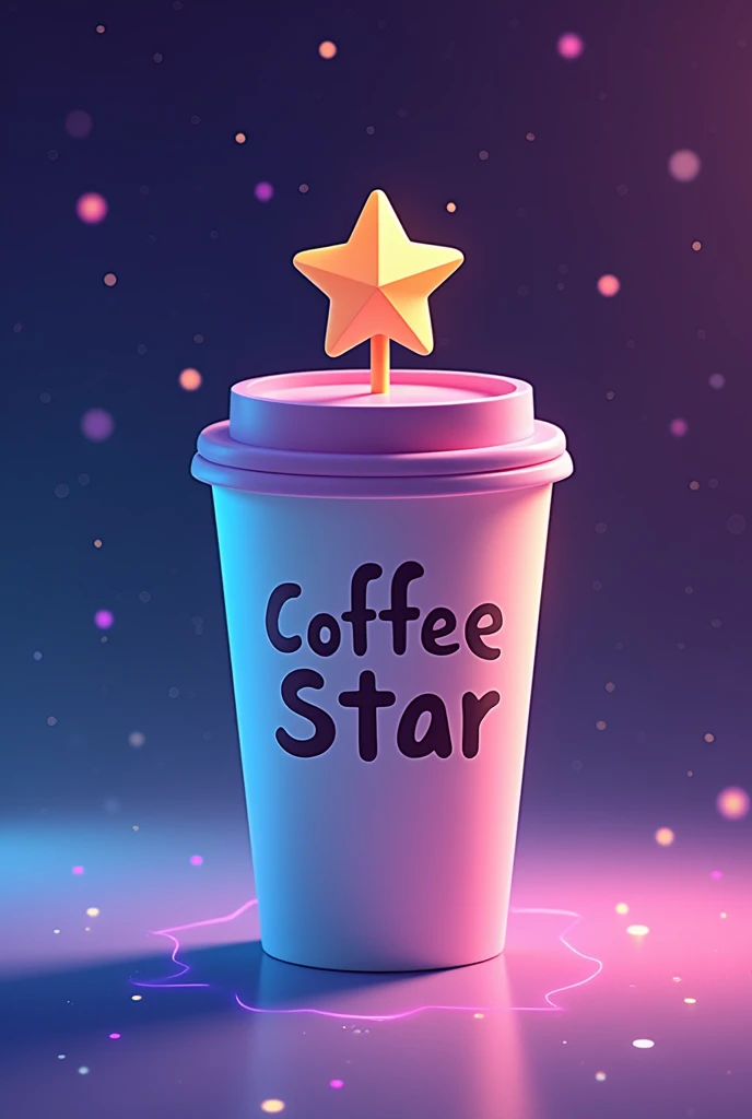 An image of a coffee cup with a lid, with a star on top that looks kawaii like a minimalist design, that says "coffee star" in letters, but they are on the cup in the color of the universe. (purple, blue and pink)