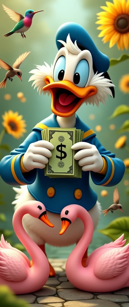 Scrooge McDuck smiling holding a lot of money, forming a dollar sign with the notes. Around her, There are hummingbirds and yellow sunflowers. In floor, there are two pink swans forming a heart because they are close.