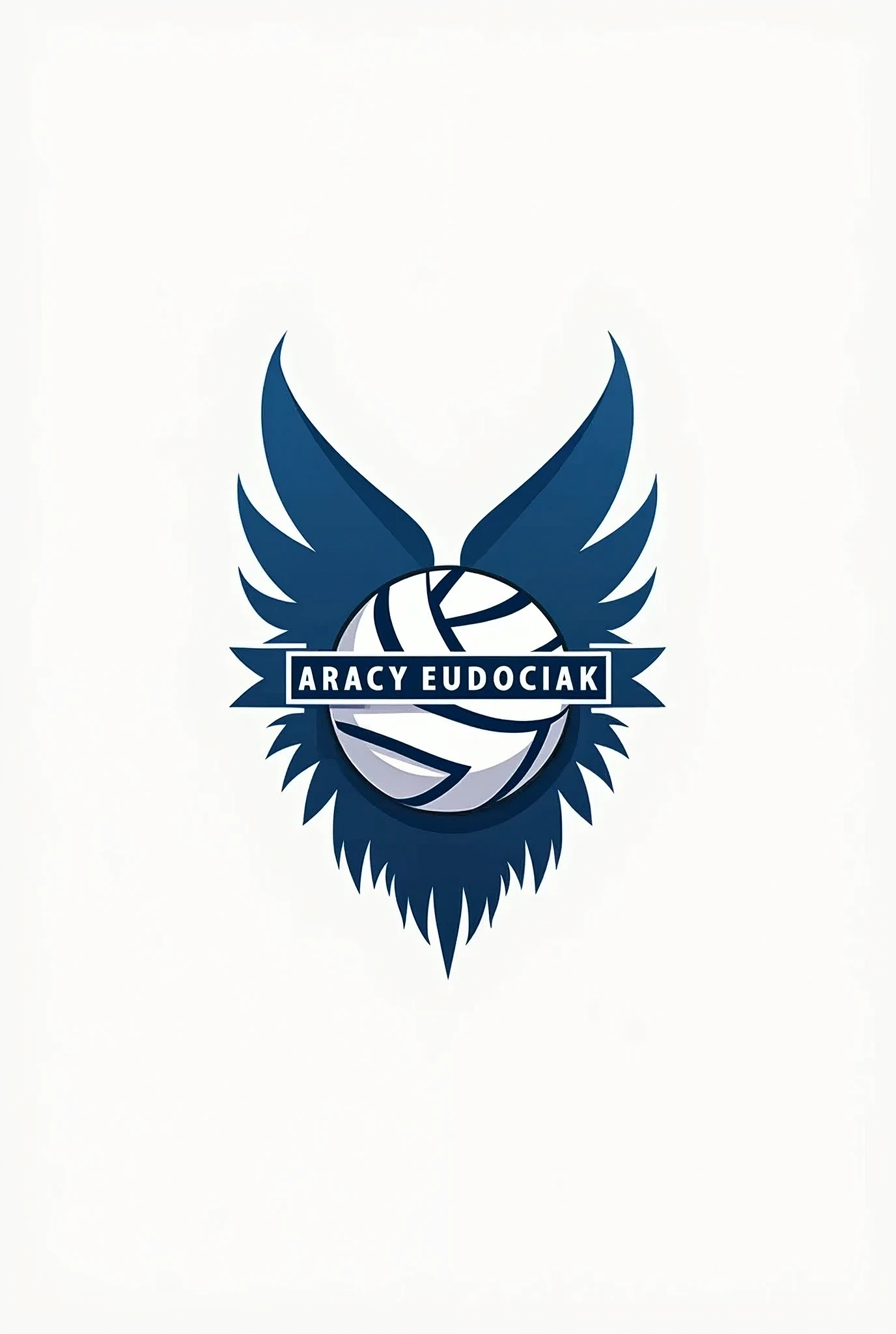Create a logo with the volleyball theme with the name ARACY EUDOCIAK, with an owl in the background and only the colors white and blue