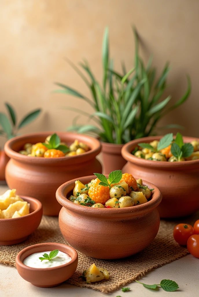 Light-colored photograph of indigenous food in clay pots