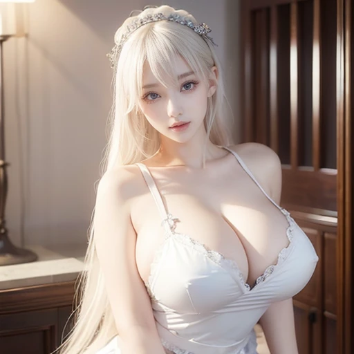 (original character、unity 16k wallpaper, masterpiece, Highest quality, Ultra-detailed, Extremely detailed CG, Caustics, Cinema Lighting, detailed, Beautiful detailed Eyes, alone,Sexy Woman), Ultra-high resolution, Fine skin, (maid, maid apron, maid headdress), (Strong light)、Oily skin,curve:1.2,,Sexy Woman,Little Devil's Face,(Huge breasts:1.2),Platinum Blonde Hair、Put your chest close