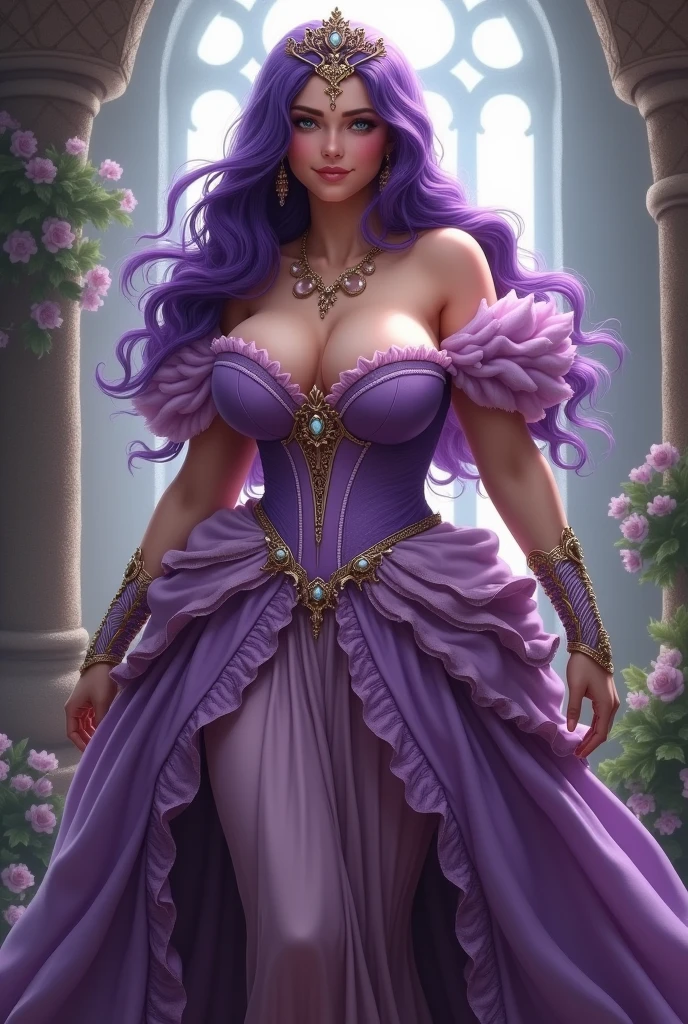 A woman with big breasts, in princess clothes with purple hair ,big busts, super big breasts 