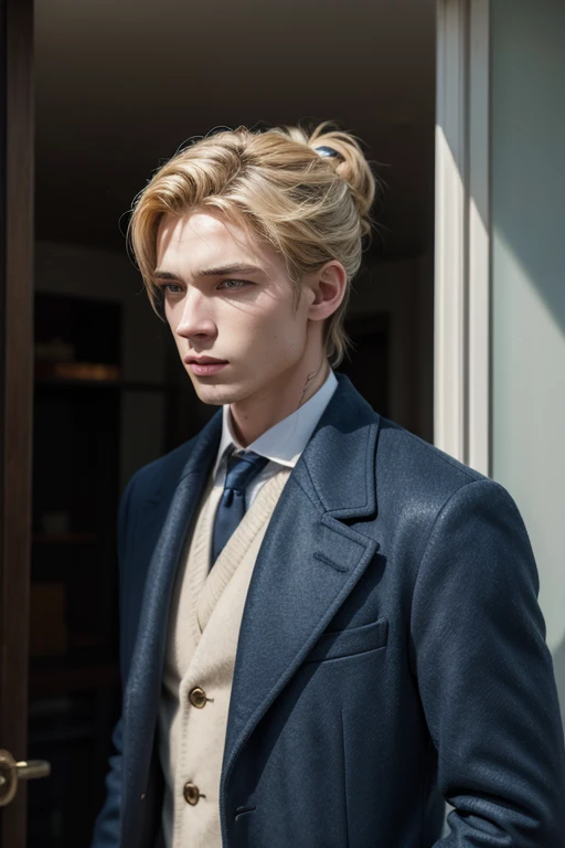 A man with 1,62 HIGH, hair up to shoulders blonde, He wears a blue and effeminate overcoat.