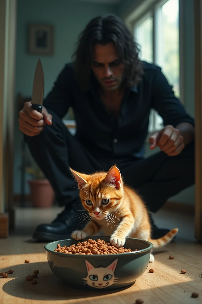 Ek ginger kitten ko jo cat food cat food bowl me kha rhi h bowl me cat k cartoon bna h creepy man jisne black shirt and pent pehni h uske ek hath me knife h wo ginger kitten ko dikha rha h