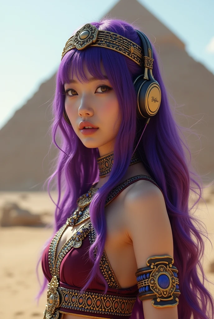 Korean butterfly woman with purple hair and headphones,wearing Cleopatra's clothes and a pyramid background,fully body,fully body 