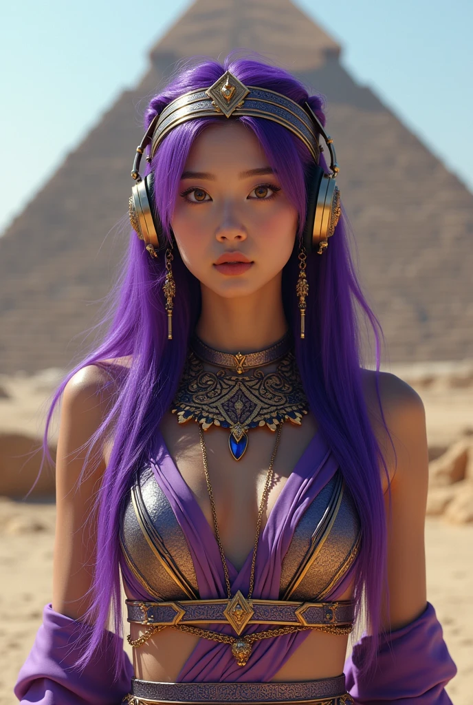Korean butterfly woman with purple hair and headphones,wearing Cleopatra's clothes and a pyramid background,fully body,fully body