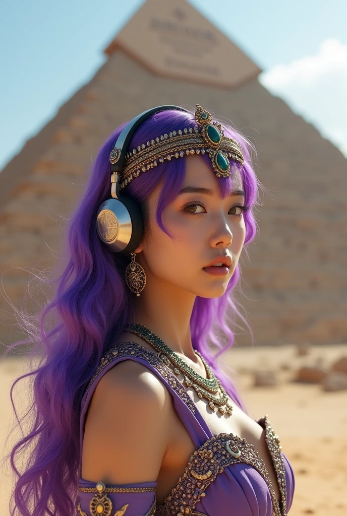 Korean butterfly woman with purple hair and headphones,wearing Cleopatra's clothes and a pyramid background,fully body,fully body