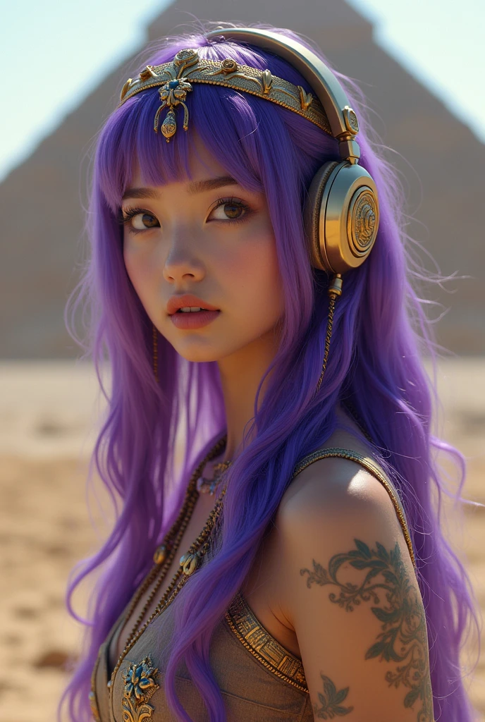 Korean butterfly woman with purple hair and headphones,wearing Cleopatra's clothes and a pyramid background,fully body,fully body