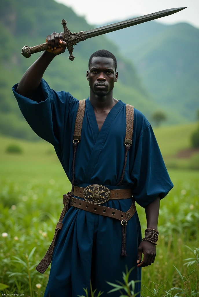 Orisha Black Man, warrior, shorth hair, dark blue clothing, with a medieval sword raised, in a green field.
