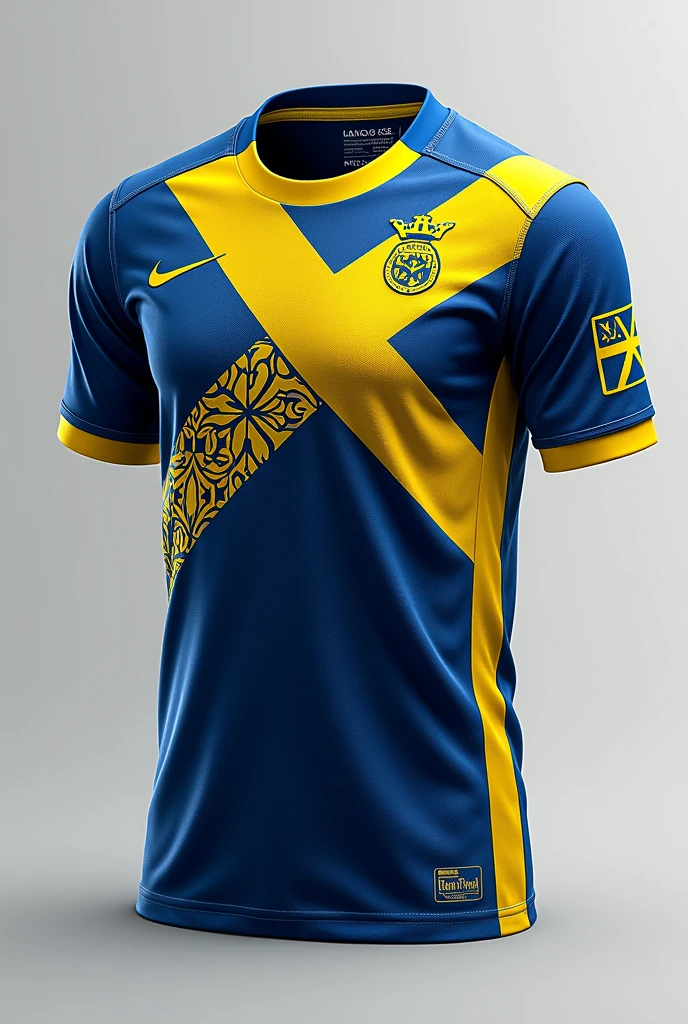 Create a Swedish team top with Nordic details and blue and yellow details.