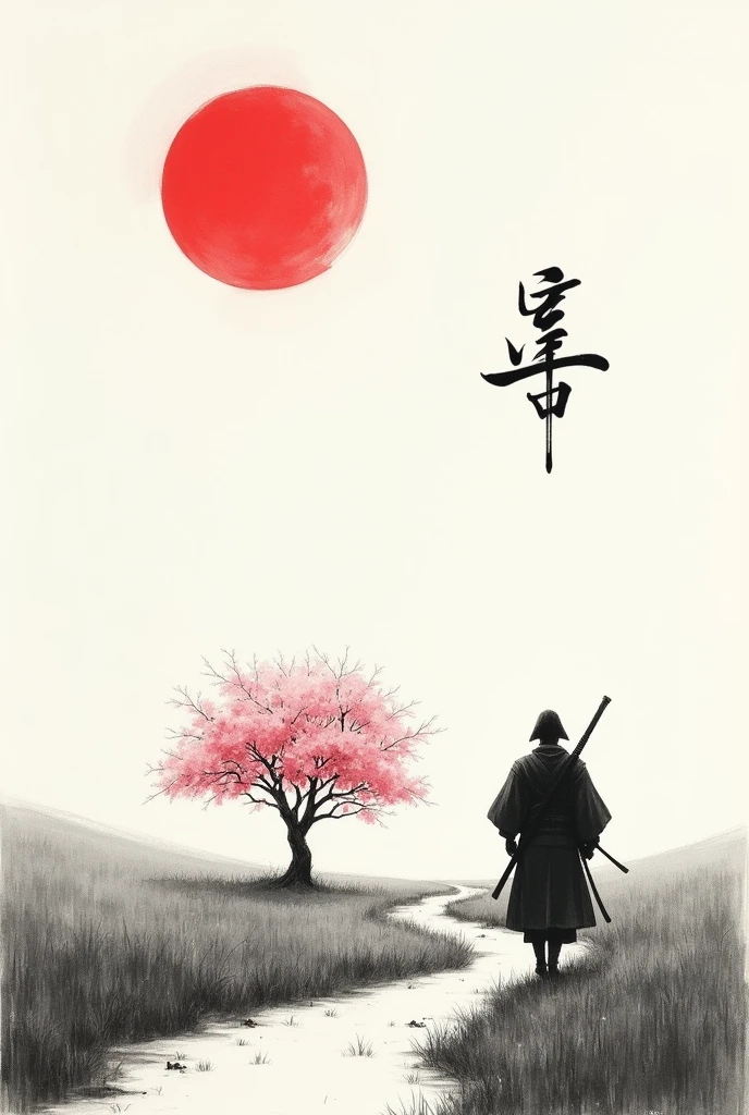 black and white drawing in Japanese style, Samurai in the distance (man, adult person) walking along a path through a field, a single pink cherry blossom tree nearby, Red moon in the sky, The picture above shows a Japanese kanji "quiet". Everything is harmonious around