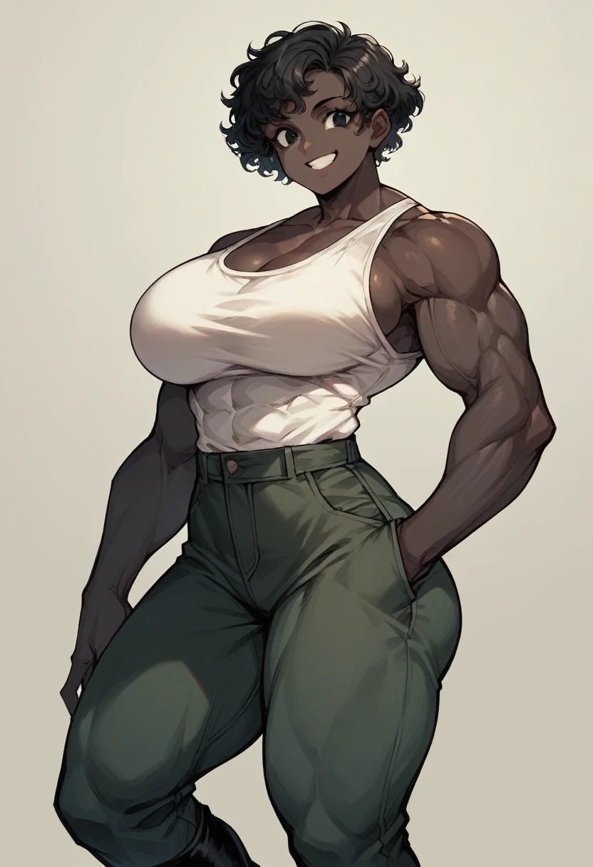 Masterpiece, 1 girl, black skin, muscular, black hair, short hair, curly hair, wide hips, black eyes, big breasts, round ass, white tank top, commando pants, black military boots, smile, cute face, muscle mommy