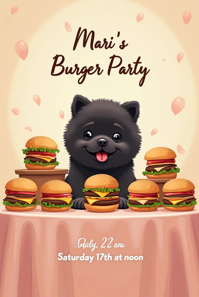 Invitation card that says "Mari's Burger Party", "Saturday 17th at noon". Card design with various burgers on a table and a black chow chow puppy with a happy face in the middle of the table. The realistic tender style in pastel colors