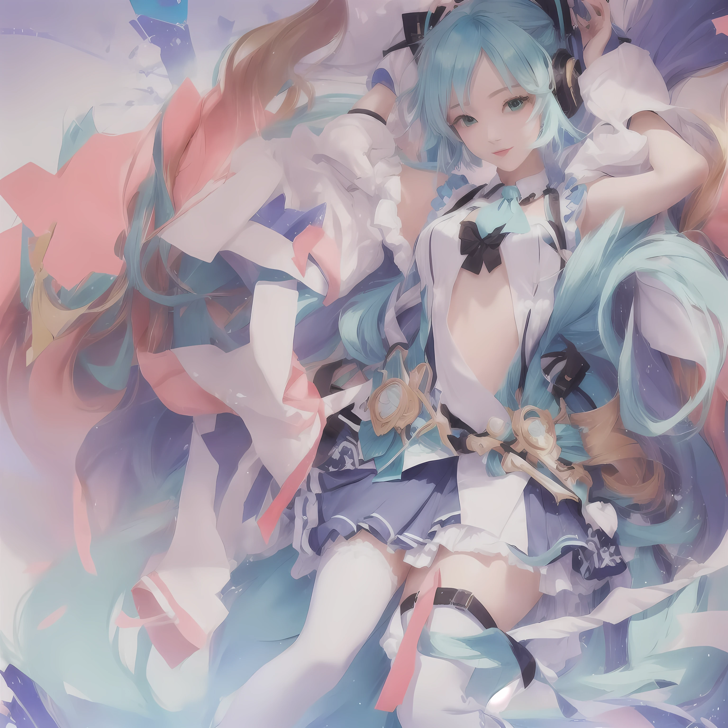Blue hair and a bow tie、anime girl holding a sword, digital art on Pixiv, by Shimo, Pixiv contest winner, Pixiv, Vocaloid, Pixiv style, Anime fantasy artwork, Anime fantasy illustration, Beautiful anime artwork, The Detailed Art of the Onmyoji, Official artwork, Zerochan Art, high detailed Official artwork, Nightcore, MikudayoLet's start with a base illustration of a young female character.
Adjust the hair color to Hatsune Miku's iconic turquoise blue.
Style the hair to be very long, reaching below the waist, in twin tails. Ensure the twin tails are evenly balanced and neatly wrapped at the top.
Give the hair a glossy appearance and a slightly voluminous texture.
Create a youthful and cute facial expression with large, expressive eyes. The eye color should be a bright shade of blue.
Give her a characteristic slim and  body frame.
Remove the distinctive outfit consisting of a sleeveless top, tie, and pleated skirt. Include shades of teal and black in the color scheme.
Include signature accessories such as a futuristic headset, microphone, and detachable sleeves.
Optionally, add knee-high boots or thigh-high socks in matching color tones.
Provide a background that complements the aesthetic, such as a futuristic cityscape or a concert stage with colorful lights.
Please note that due to the complexity of the instructions, it may be challenging for an AI to accurately generate an image based on the exact specifications provided.
Please draw it in a sketch-like style, resembling an idea sketch.
A drawing that looks like it was done with a pencil. A picture drawn in a messy manner. A drawing done with hesitation.Soft Joints - Dancer's Joints - Twisting the Hips Dramatically - No Use of Black in Outlines - Pink Illumination - Lowered Gaze - Slender Eyes - Puffy Cheeks - Visible Abdominal Skin - Hair Color is Aqua - Hair Doesn't Turn Green - Employing Light Pastel Colors for Outlines.
