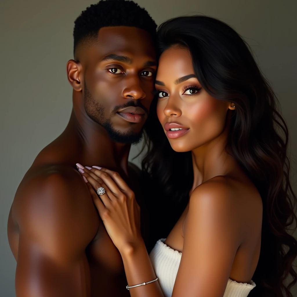 a close up of a young afroamerican man and beautiful Latin woman with dark skin chocolate color eyes looking at viewer emerald green color, seductive big body balanced , perfect beauty, long silky hair with waves embracing each other, intimate holding close, man and woman in love, engagement ring ads, by Emma Andijewska, by Matt Cavotta, hand on his cheek, couple pose, couples portrait, arm around her neck, couple portrait, man and woman, lovely couple, holding each other hands