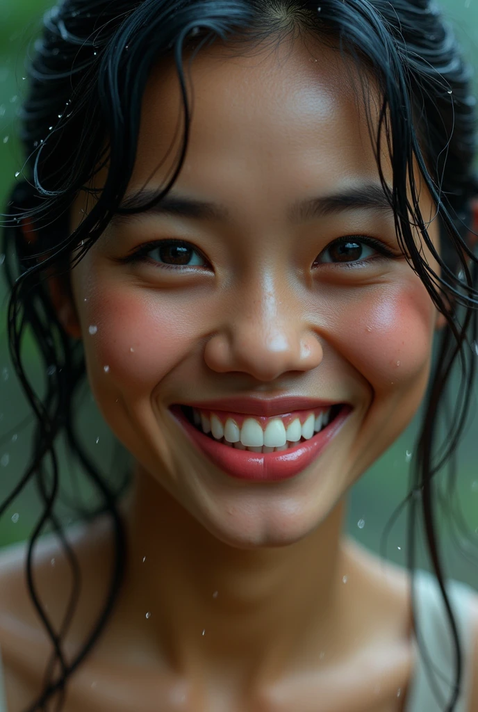 Wajah keenakan,mouth open,show big thith,caught in the rain,((Indonesian female)),8k,photorialism