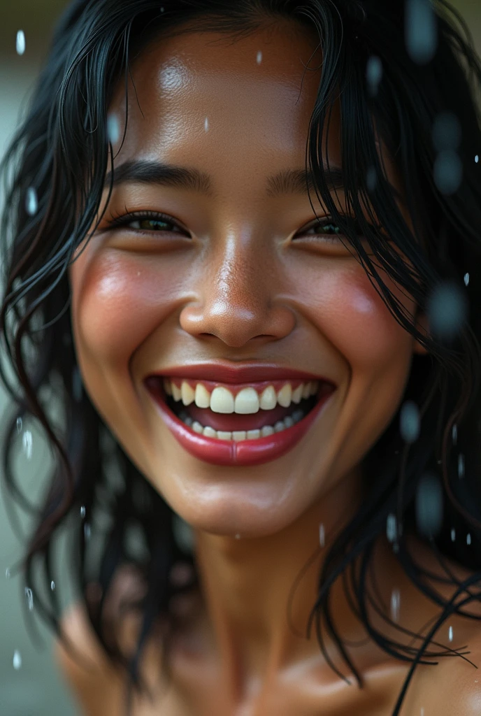 Wajah keenakan,mouth open,show big thith,caught in the rain,((Indonesian female)),8k,photorialism