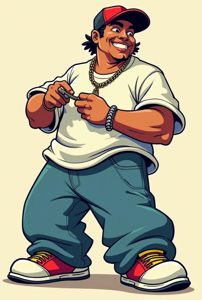  Cartoon of a white 90s Latino rapper dressed in baggy clothes rolling a joint 