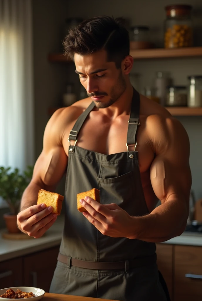 photorealistic, best quality, masterpiece, extremely detailed, very sexy, very homoerotic, extremely handsome, 30 year old muscular filipino man, (muscular bodybuilder), laughing, wearing only apron, in kitchen, toasted bread pops out of a toaster, he tries to catch the bread in mid air, extremely romantic atmosphere, perfect face, perfect fingers, perfect hands, perfection