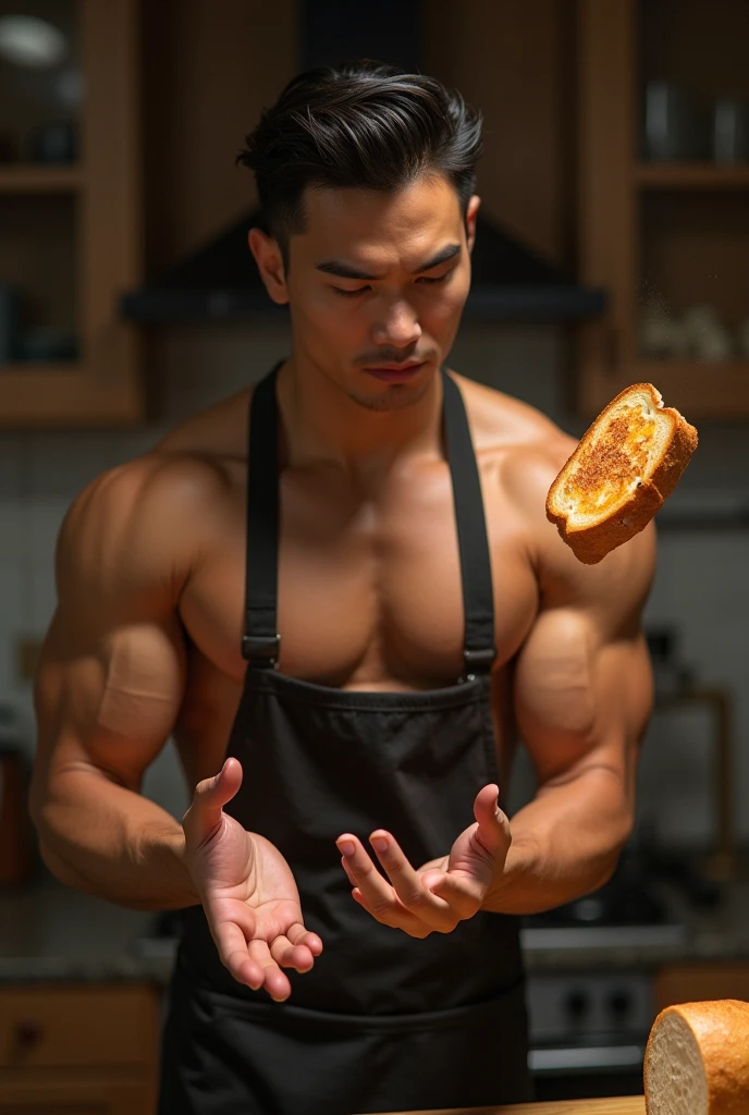 photorealistic, best quality, masterpiece, extremely detailed, very sexy, very homoerotic, extremely handsome, 30 year old muscular filipino man, (muscular bodybuilder), laughing, wearing only apron, in kitchen, toasted bread pops out of a toaster, he tries to catch the bread in mid air, extremely romantic atmosphere, perfect face, perfect fingers, perfect hands, perfection