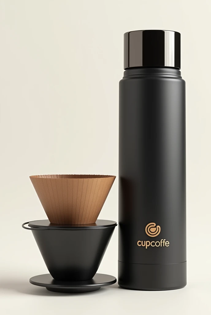 I want you to create a thermos that is 20 cm high and that incorporates a space in its lower part to introduce coffee beans and grind them. Next to the thermos put a set of coffee filters that are the same diameter as the thermos. Please have a logo of CC Cross that translates in the center (Cupcoffe) thank you
