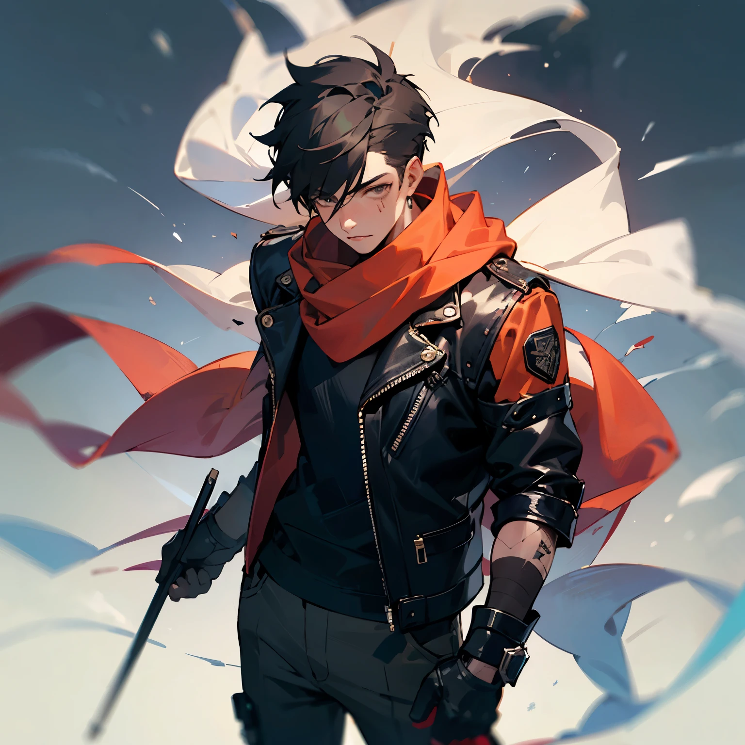 ((best quality)), ((masterpiece)), (detailed), 1boy, long scarf, scar on eye, biker gang outfit