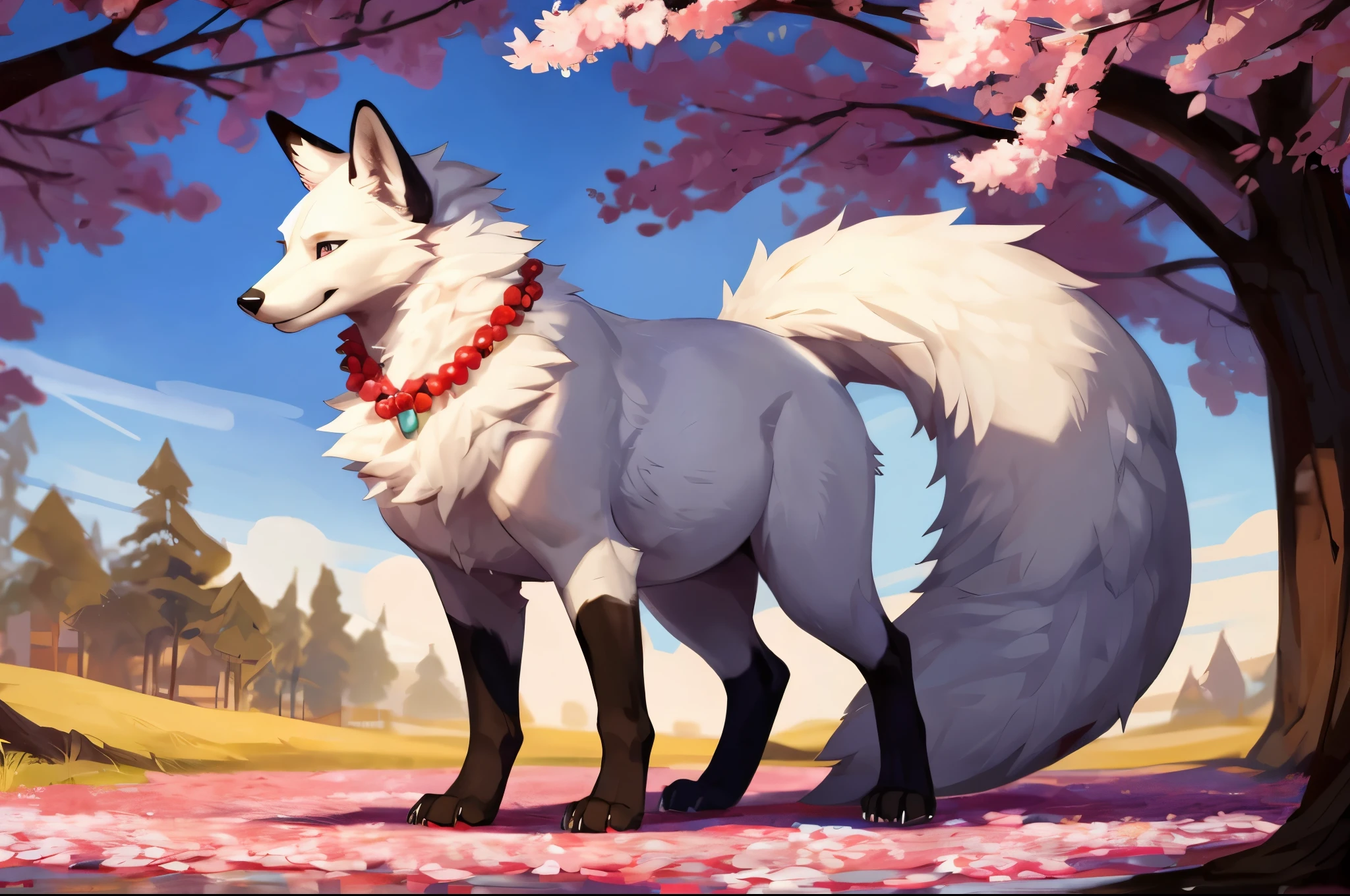 4k ultra quality, 4k full body view,(ultra high detailed body),((feral)) fox,by mystikfox61, by glitter trap boy,feral paws, by bebebebebe,by morethreedee, by seibear,sharp nails,((sfw)),(ultra detailed face),detailed eyes,big tail,fluffy tail,(detailed tail),enomorous tail,bigger tail,huge tail,volumetric light,fluffy paws,(feral focus), beast,(bigger lower body),(long legs),master works, super fine, 4k resolution, high quality,high picture detail,illusory engine, Masterpiece,dire fox,faint lighting,(white fur),((long legs)),( fox),white belly fur,enomorous belly, huge belly, (round belly),(macro),among sakura, crowds,wearing flower necklace,front view