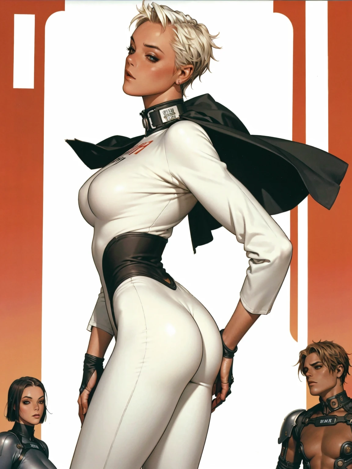 (((Brigitte Nielsen))), (((back view))), (((perfect ass))), ((( soldier suit ))), (((white short haircut))), (((Russian girl))), ((high collar)), (((red army suit))), (((best qualityer: 1.4))), (Unbeatable masterpiece), (hiper HD),(CG 8k hyper-realistic), (((brave face))), (((breasts big))), (((hyper feminine))), sexly girl, ((( sculptural body ))), (((1 Kizi))), Kizi cibernética de 25 anos com perfectbody,,Beautiful and well-groomed face,muscular body:1.2,solid color detailed jacket, (Head to thigh photos)， Complex equipment, green dark，Long pants，Tight clothes are dark，With white stars and off-white stripes,,,,,Armor Metal Electronic Parts, Poison tattoos ) INFO, Kizi, (((standing alone))), pirralha violent, ((())), sexly, pose de atitude, work of art, post-apocalypse, (((manga style))), bounty hunter, violent, Manic, the way you want, slenderbody, thin but strong, perfectbody, roupa moderna, advanced technology, neon, sleeves with vertical striped pattern, neutral background, (( cowboy shot )). intricate visual