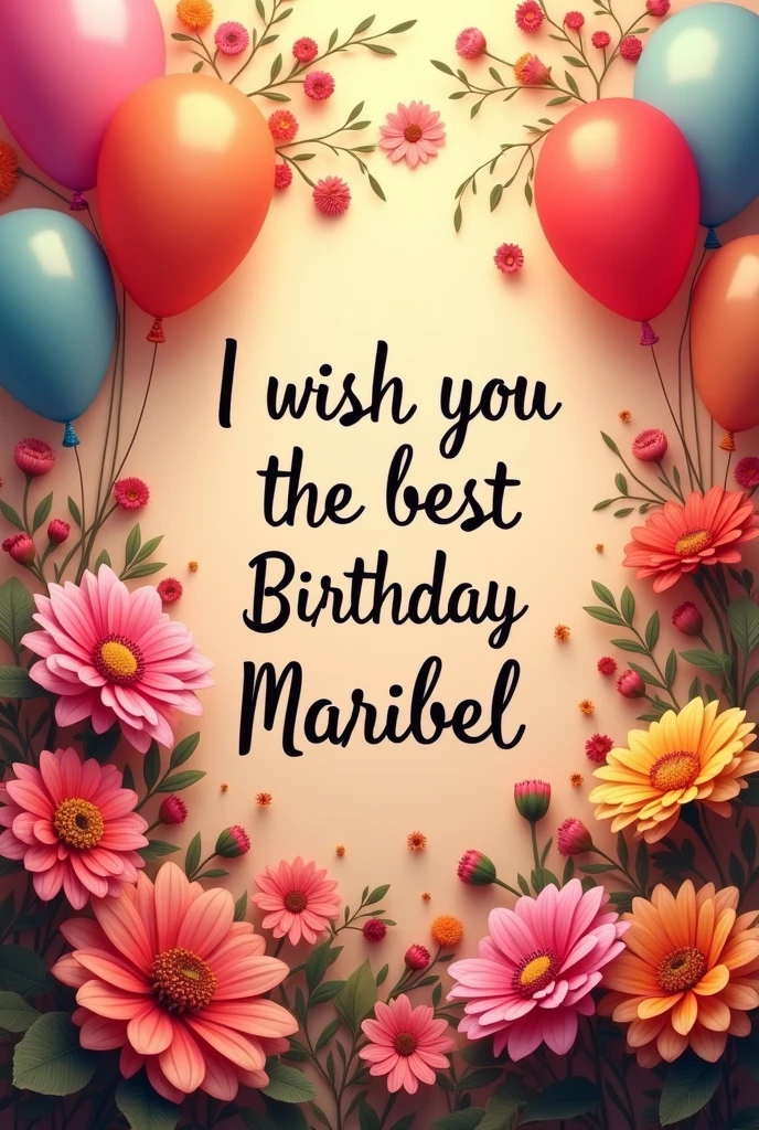 Image in the background that says I wish you the best Maribel happy birthday René wishes you in letters surrounded by flowers and balloons